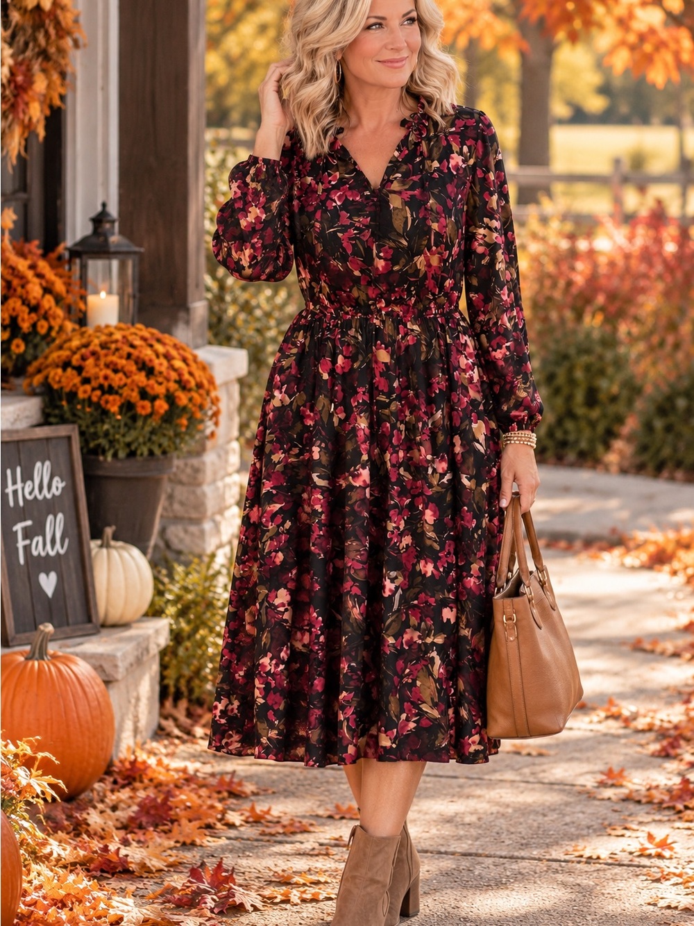 Anne Klein Fall Long-Sleeve Midi Dress in Burgundy
